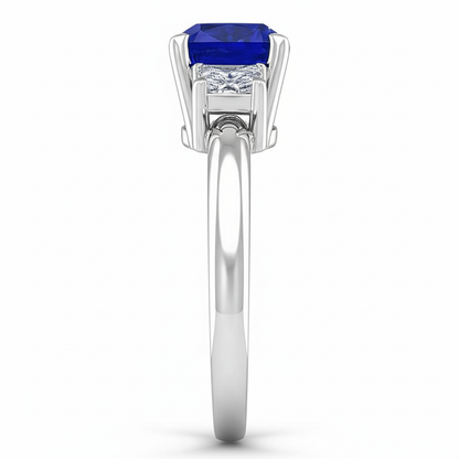 Three Stone Ceylon Sapphire With Natural Earth Mined Diamonds 3.50 Ct Ring White Gold