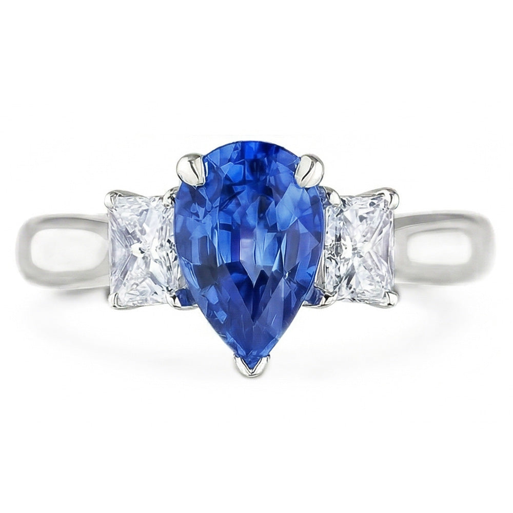 Three Stone Ceylon Sapphire With Natural Earth Mined Diamonds 3.50 Ct Ring White Gold