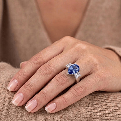 Three Stone Ceylon Sapphire With Natural Earth Mined Diamonds 3.50 Ct Ring White Gold