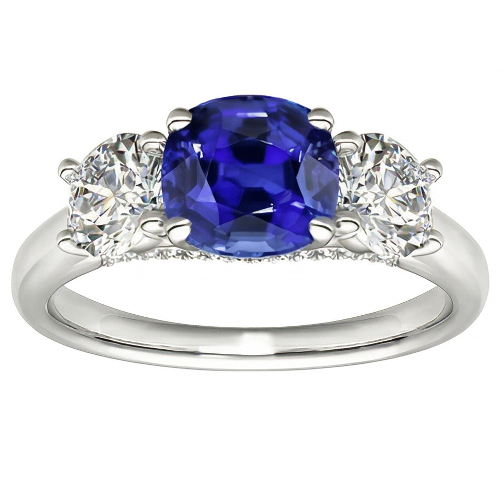 Three Stone Cushion Blue Sapphire Ring 2.50 Carats Natural Earth Mined Diamond Jewelry