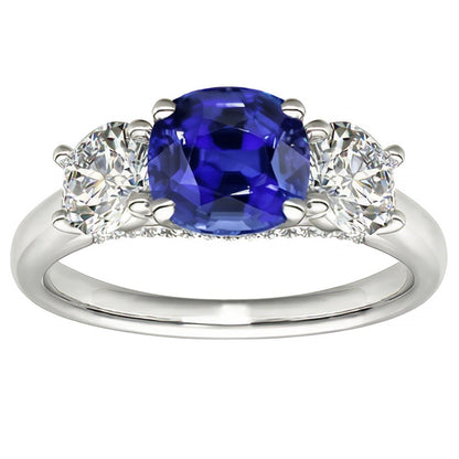 Three Stone Cushion Blue Sapphire Ring 2.50 Carats Natural Earth Mined Diamond Jewelry
