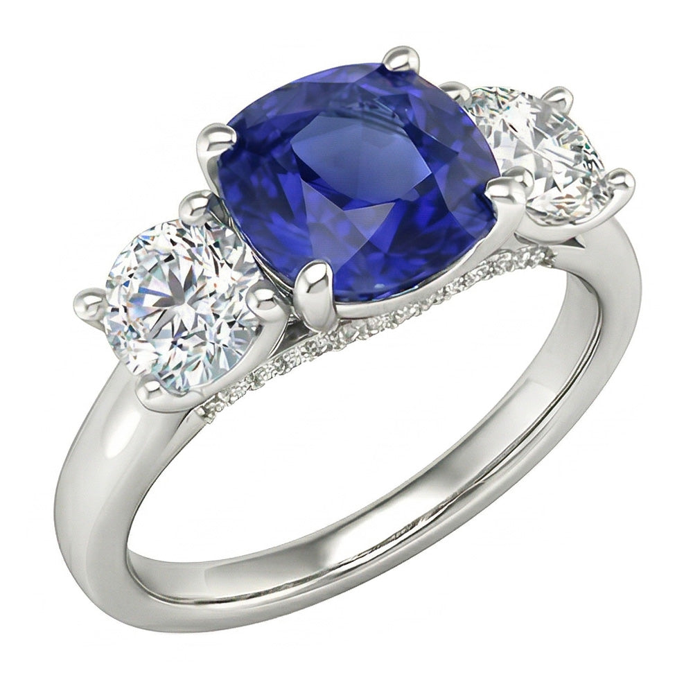 Three Stone Cushion Blue Sapphire Ring 2.50 Carats Natural Earth Mined Diamond Jewelry