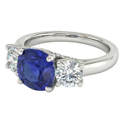 Three Stone Cushion Blue Sapphire Ring 2.50 Carats Natural Earth Mined Diamond Jewelry