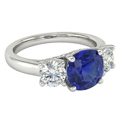 Three Stone Cushion Blue Sapphire Ring 2.50 Carats Natural Earth Mined Diamond Jewelry