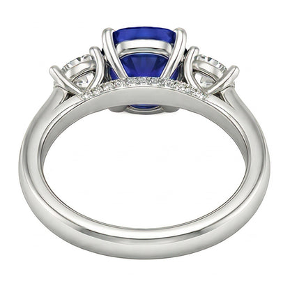 Three Stone Cushion Blue Sapphire Ring 2.50 Carats Natural Earth Mined Diamond Jewelry