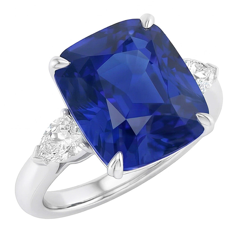 Three Stone Cushion Blue Sapphire Ring & Pear Natural Earth Mined Diamonds 4 Carats