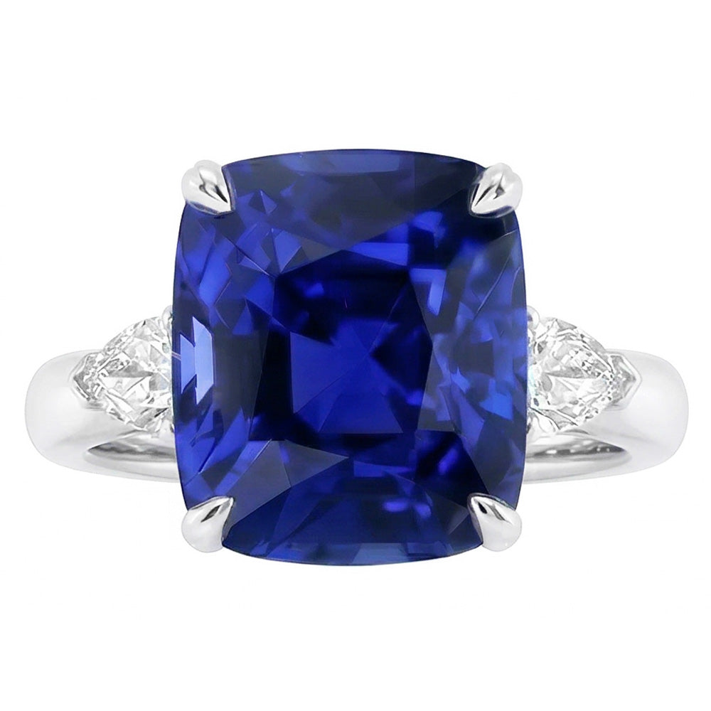Three Stone Cushion Blue Sapphire Ring & Pear Natural Earth Mined Diamonds 4 Carats