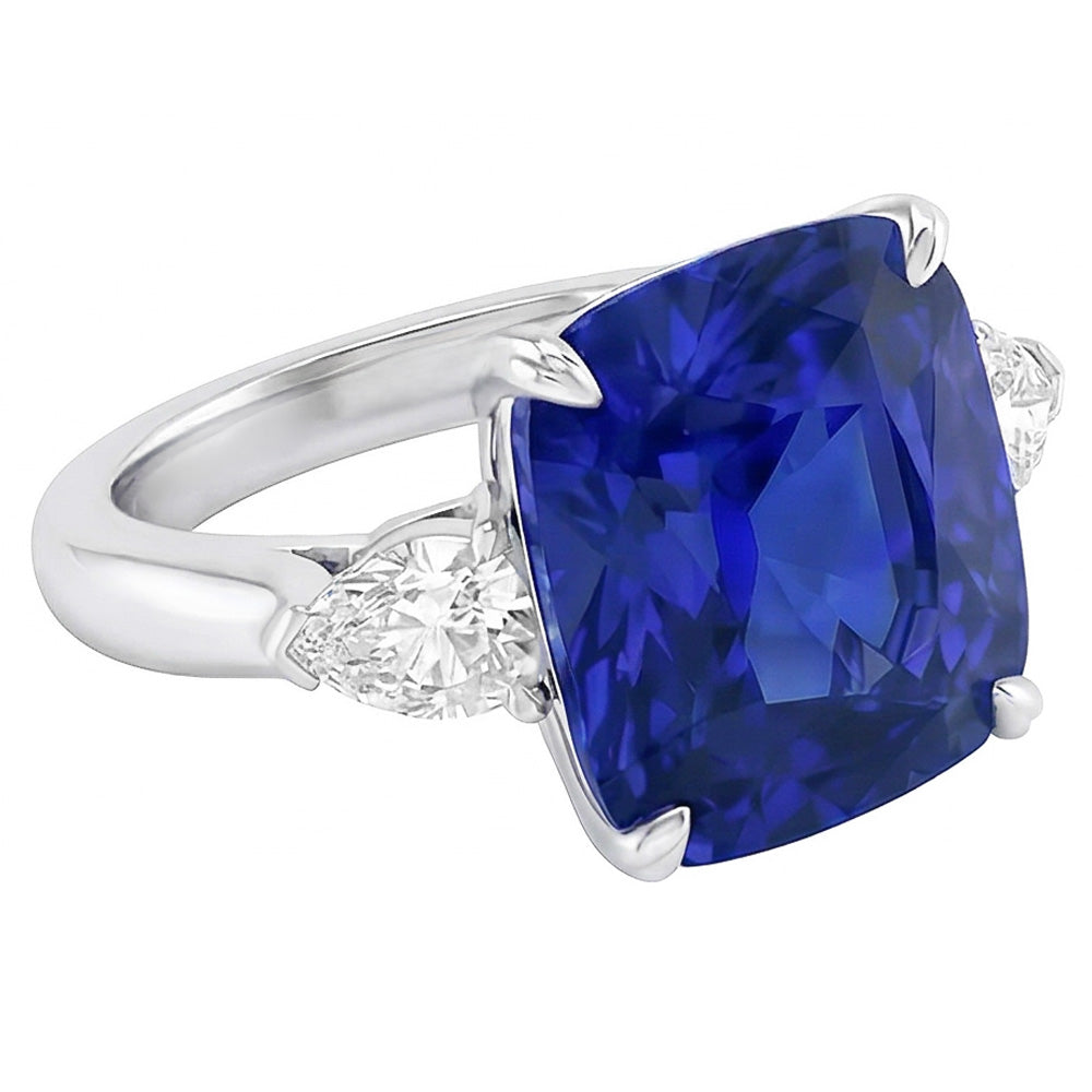 Three Stone Cushion Blue Sapphire Ring & Pear Natural Earth Mined Diamonds 4 Carats