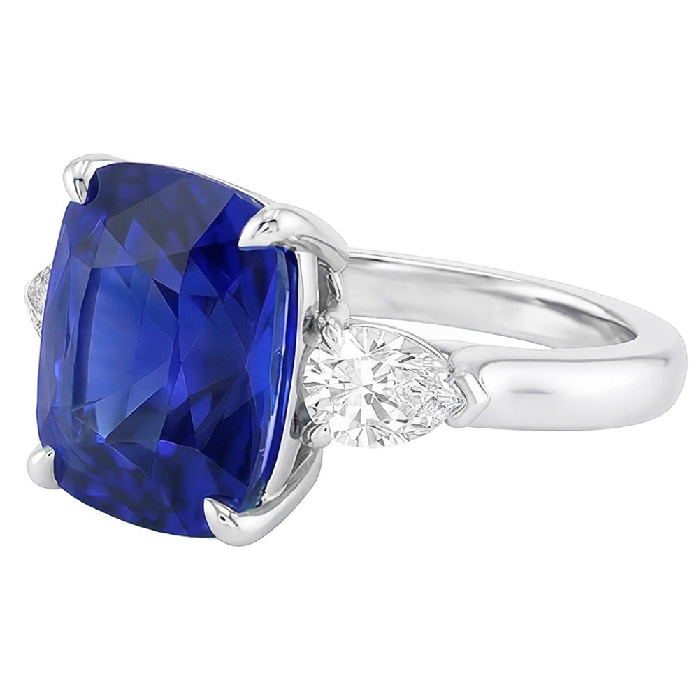 Three Stone Cushion Blue Sapphire Ring & Pear Natural Earth Mined Diamonds 4 Carats