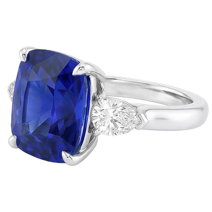 Three Stone Cushion Blue Sapphire Ring & Pear Natural Earth Mined Diamonds 4 Carats