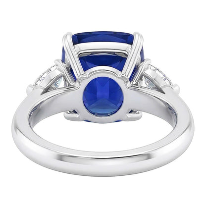 Three Stone Cushion Blue Sapphire Ring & Pear Natural Earth Mined Diamonds 4 Carats