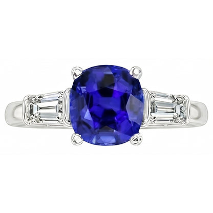 Three Stone Cushion Ceylon Sapphire Ring 2.25 Carats Baguette Natural Earth Mined Diamonds