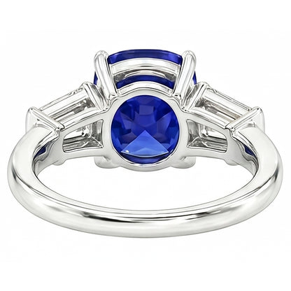 Three Stone Cushion Ceylon Sapphire Ring 2.25 Carats Baguette Natural Earth Mined Diamonds