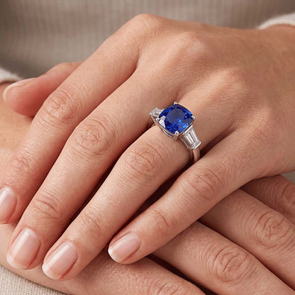 Three Stone Cushion Ceylon Sapphire Ring 2.25 Carats Baguette Natural Earth Mined Diamonds
