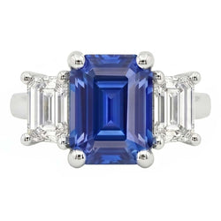 Three Stone Emerald Blue Sapphire & Natural Earth Mined Diamond Ring 2.50 Carats