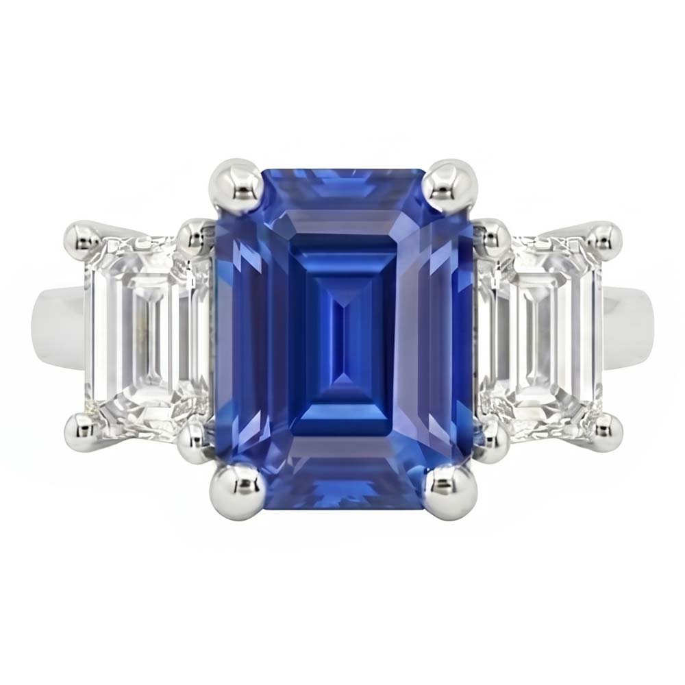 Three Stone Emerald Blue Sapphire & Natural Earth Mined Diamond Ring 2.50 Carats