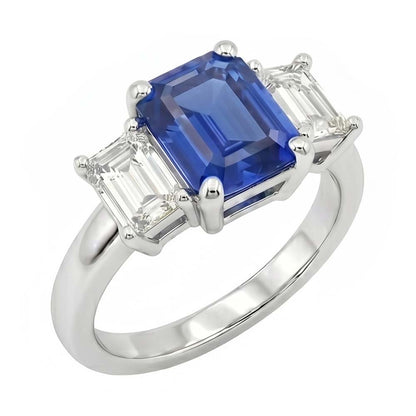 Three Stone Emerald Blue Sapphire & Natural Earth Mined Diamond Ring 2.50 Carats