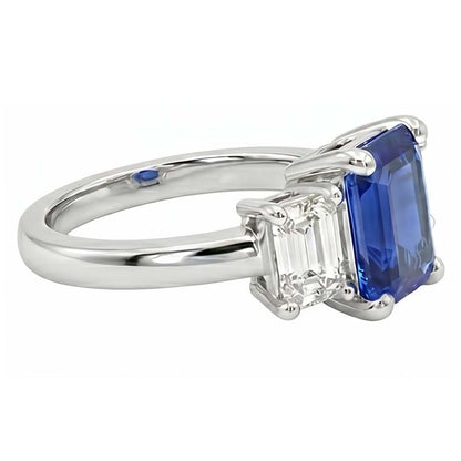 Three Stone Emerald Blue Sapphire & Natural Earth Mined Diamond Ring 2.50 Carats