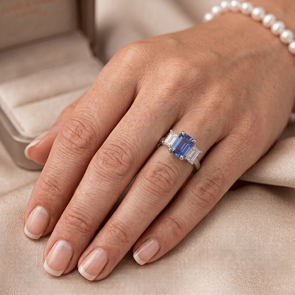 Three Stone Emerald Blue Sapphire & Natural Earth Mined Diamond Ring 2.50 Carats