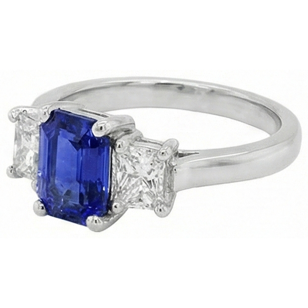 Three Stone Emerald Blue Sapphire & Natural Earth Mined Diamonds Ring