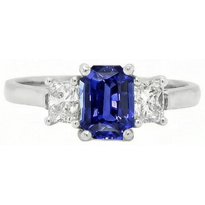 Three Stone Emerald Blue Sapphire & Natural Earth Mined Diamonds Ring