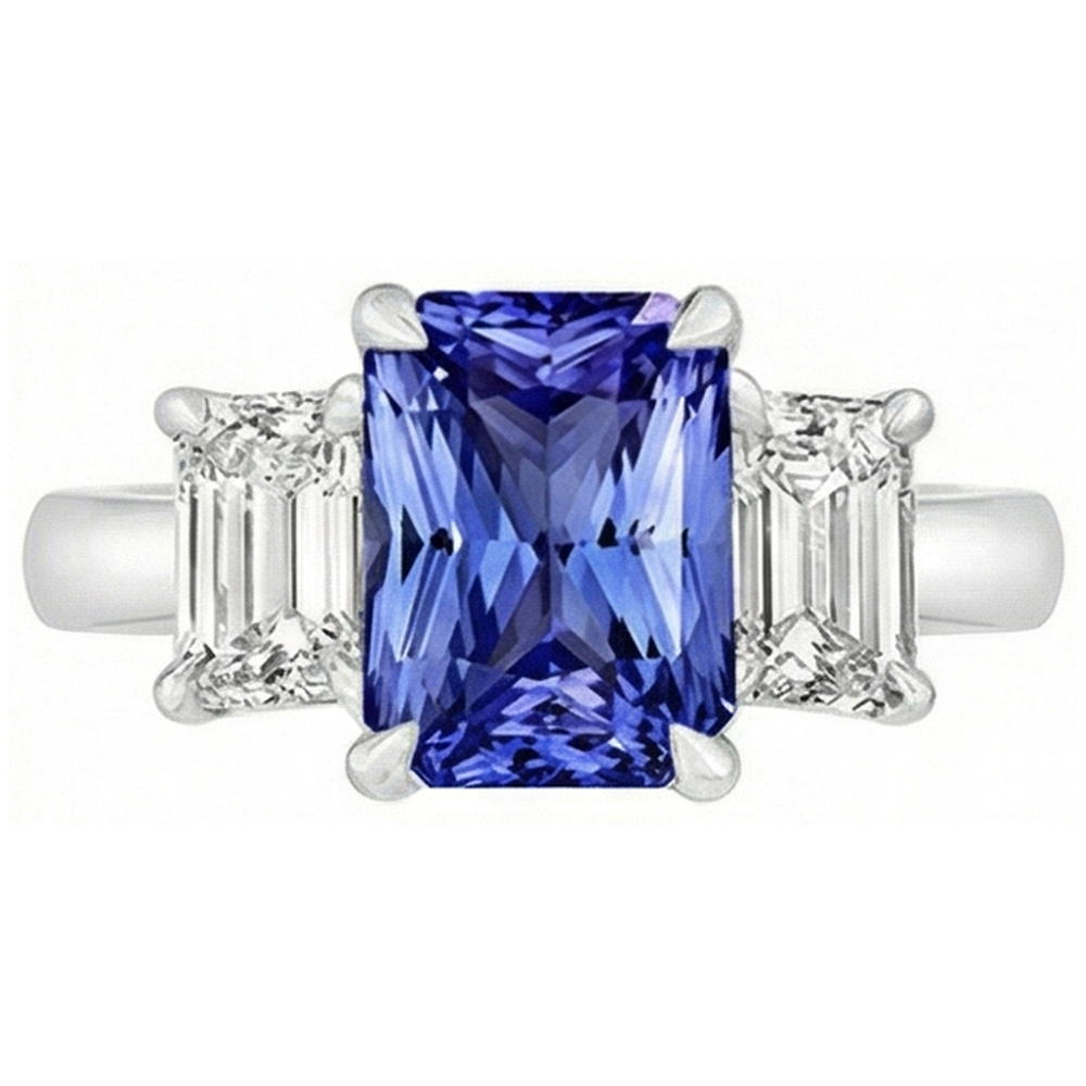 Three Stone Emerald Natural Earth Mined Diamond & Ceylon Sapphire Ring 3 Carats Prong Set