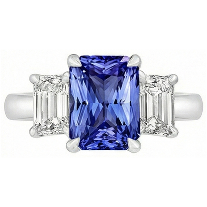 Three Stone Emerald Natural Earth Mined Diamond & Ceylon Sapphire Ring 3 Carats Prong Set