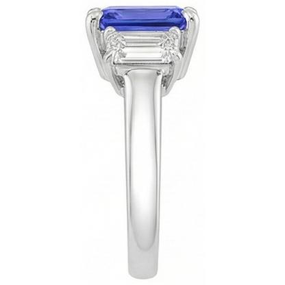 Three Stone Emerald Natural Earth Mined Diamond & Ceylon Sapphire Ring 3 Carats Prong Set