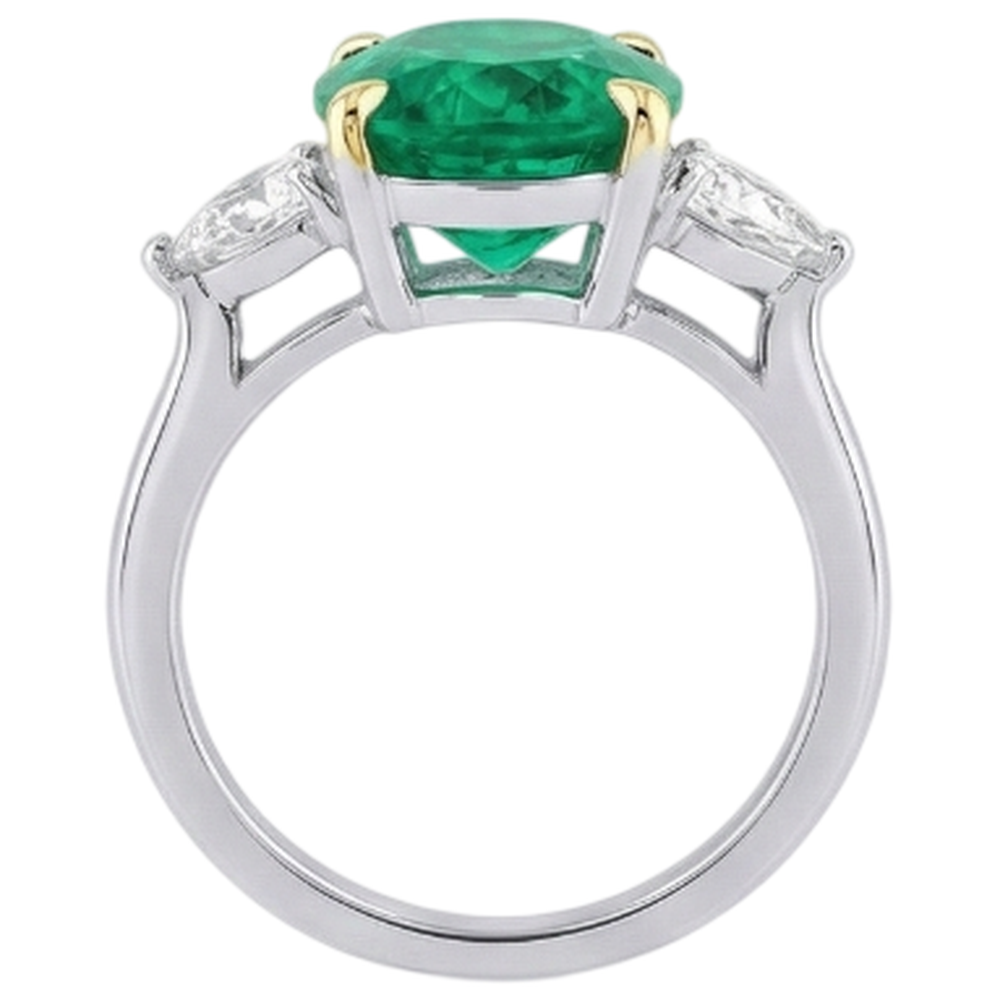 Natural Real ( Not Lab Grown ) Three Stone Gemstone Ring Oval Green Emerald GIA & Diamonds