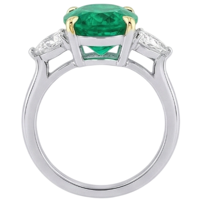 Natural Real ( Not Lab Grown ) Three Stone Gemstone Ring Oval Green Emerald GIA & Diamonds