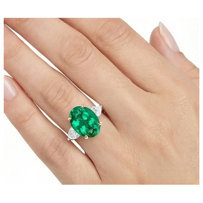 Natural Real ( Not Lab Grown ) Three Stone Gemstone Ring Oval Green Emerald GIA & Diamonds