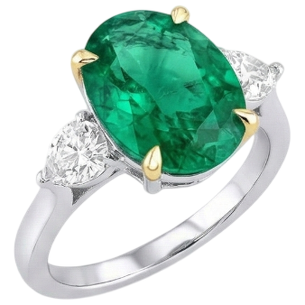 Natural Real ( Not Lab Grown ) Three Stone Gemstone Ring Oval Green Emerald GIA & Diamonds