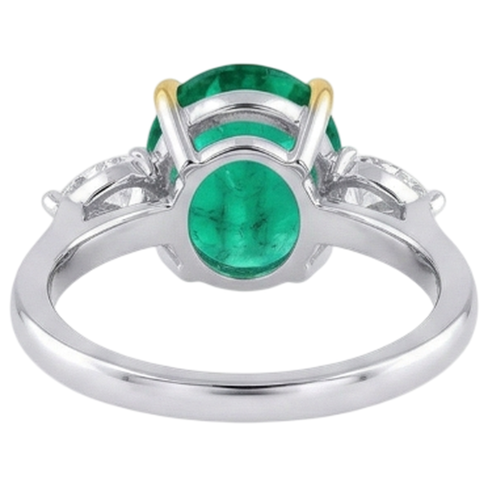 Natural Real ( Not Lab Grown ) Three Stone Gemstone Ring Oval Green Emerald GIA & Diamonds
