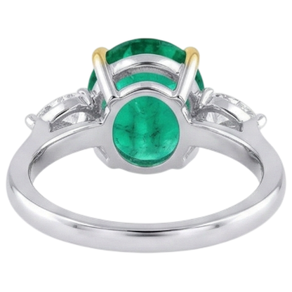 Natural Real ( Not Lab Grown ) Three Stone Gemstone Ring Oval Green Emerald GIA & Diamonds