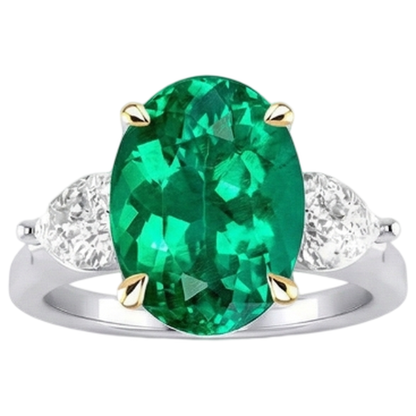 Natural Real ( Not Lab Grown ) Three Stone Gemstone Ring Oval Green Emerald GIA & Diamonds