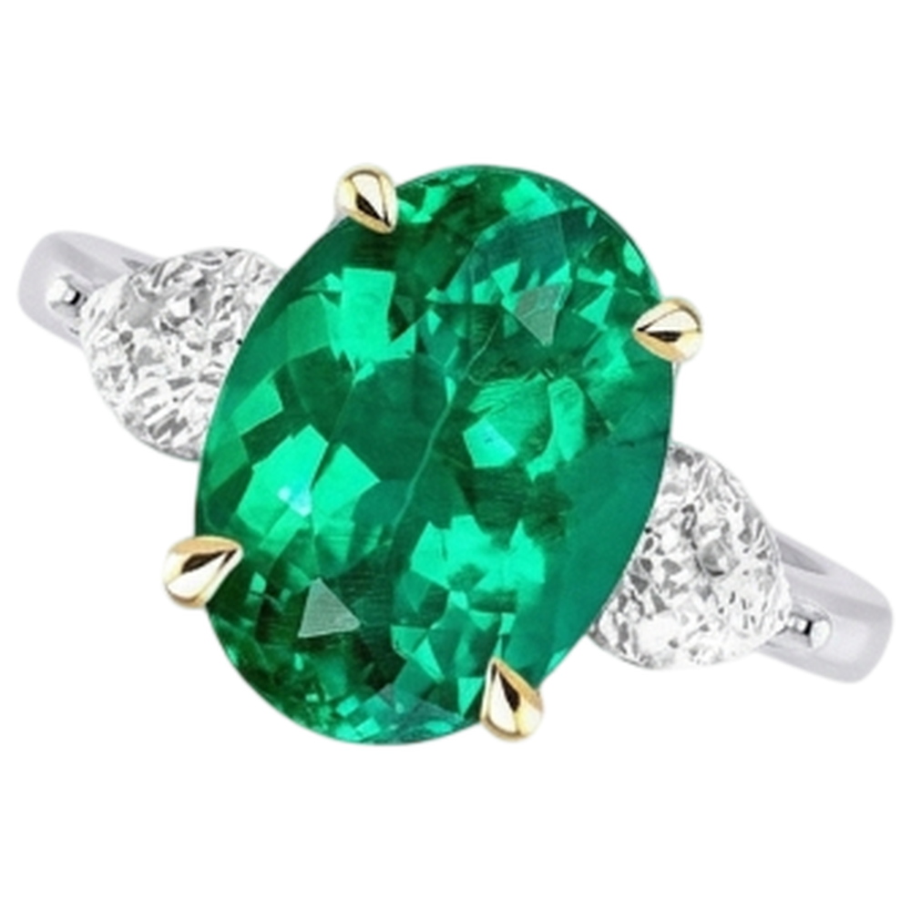Natural Real ( Not Lab Grown ) Three Stone Gemstone Ring Oval Green Emerald GIA & Diamonds