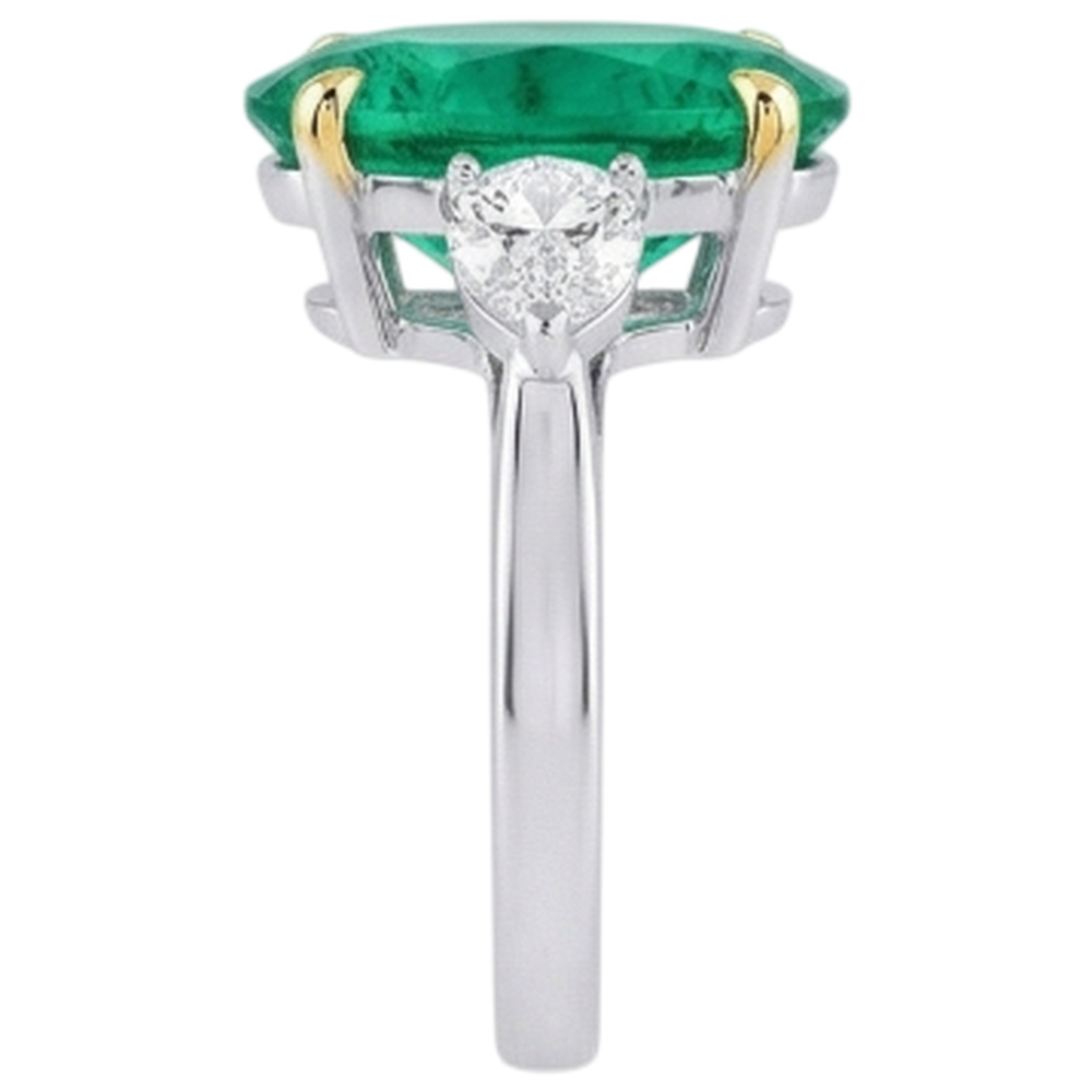 Natural Real ( Not Lab Grown ) Three Stone Gemstone Ring Oval Green Emerald GIA & Diamonds