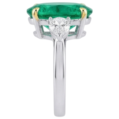 Natural Real ( Not Lab Grown ) Three Stone Gemstone Ring Oval Green Emerald GIA & Diamonds