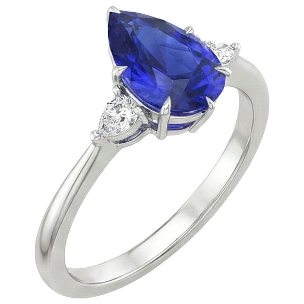 Three Stone Gemstone Ring Pear Ceylon Sapphire & Natural Earth Mined Diamonds 4.25 Carats
