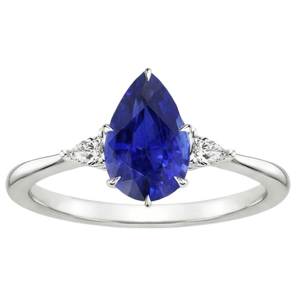 Three Stone Gemstone Ring Pear Ceylon Sapphire & Natural Earth Mined Diamonds 4.25 Carats