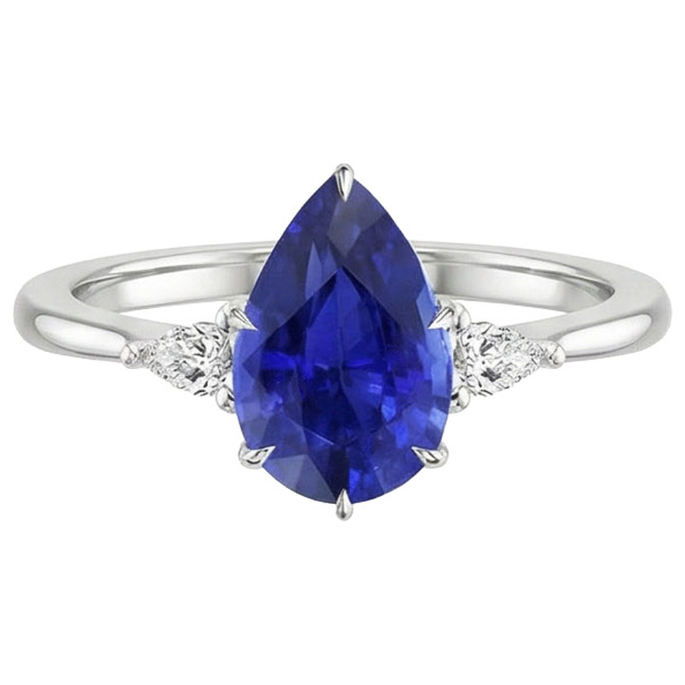 Three Stone Gemstone Ring Pear Ceylon Sapphire & Natural Earth Mined Diamonds 4.25 Carats