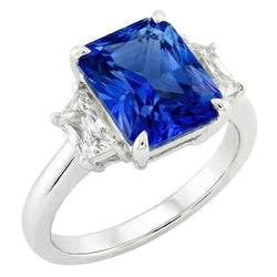 Three Stone Gemstone Sapphire Ring With Radiant Natural Earth Mined Diamonds 3.50 Carats