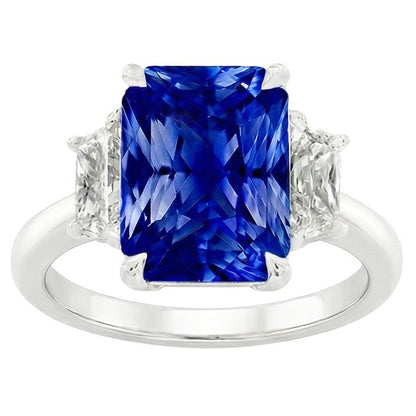 Three Stone Gemstone Sapphire Ring With Radiant Natural Earth Mined Diamonds 3.50 Carats