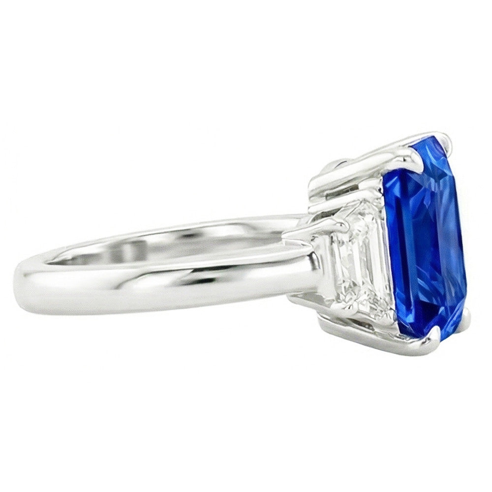 Three Stone Gemstone Sapphire Ring With Radiant Natural Earth Mined Diamonds 3.50 Carats