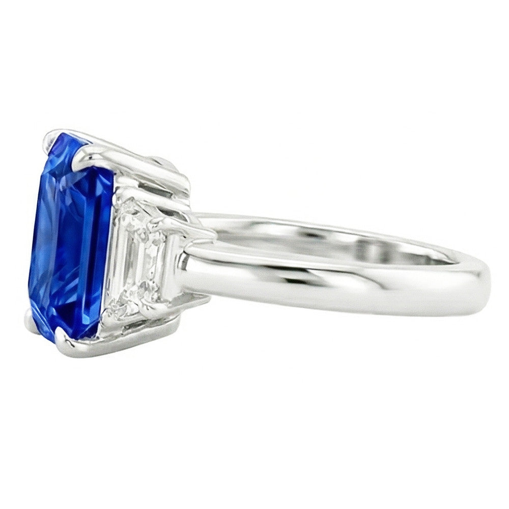 Three Stone Gemstone Sapphire Ring With Radiant Natural Earth Mined Diamonds 3.50 Carats