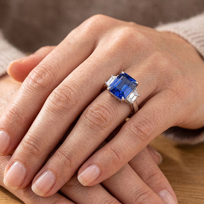 Three Stone Gemstone Sapphire Ring With Radiant Natural Earth Mined Diamonds 3.50 Carats