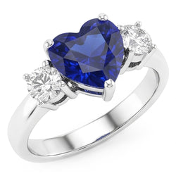 Three Stone Heart Blue Sapphire Ring & Round Natural Earth Mined Diamonds 2.50 Carats