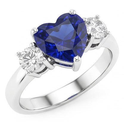 Three Stone Heart Blue Sapphire Ring & Round Natural Earth Mined Diamonds 2.50 Carats