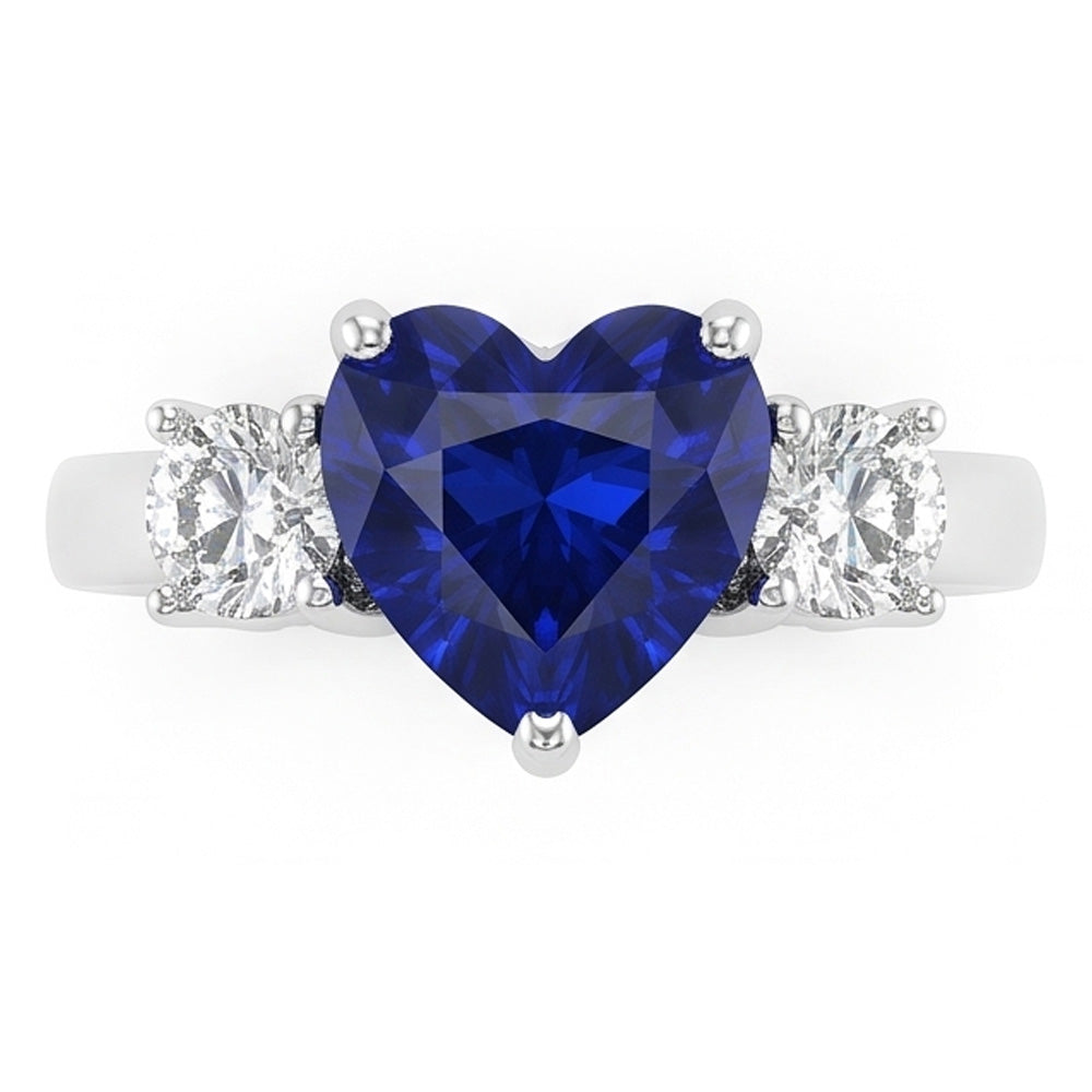 Three Stone Heart Blue Sapphire Ring & Round Natural Earth Mined Diamonds 2.50 Carats