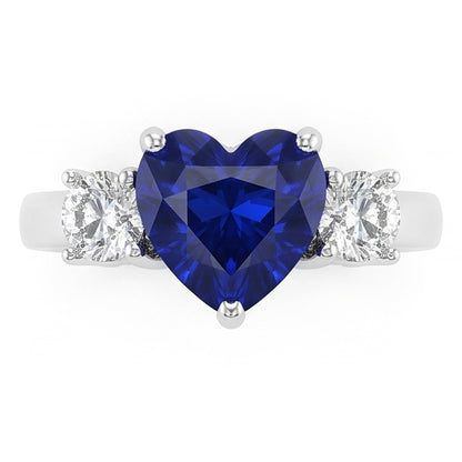Three Stone Heart Blue Sapphire Ring & Round Natural Earth Mined Diamonds 2.50 Carats